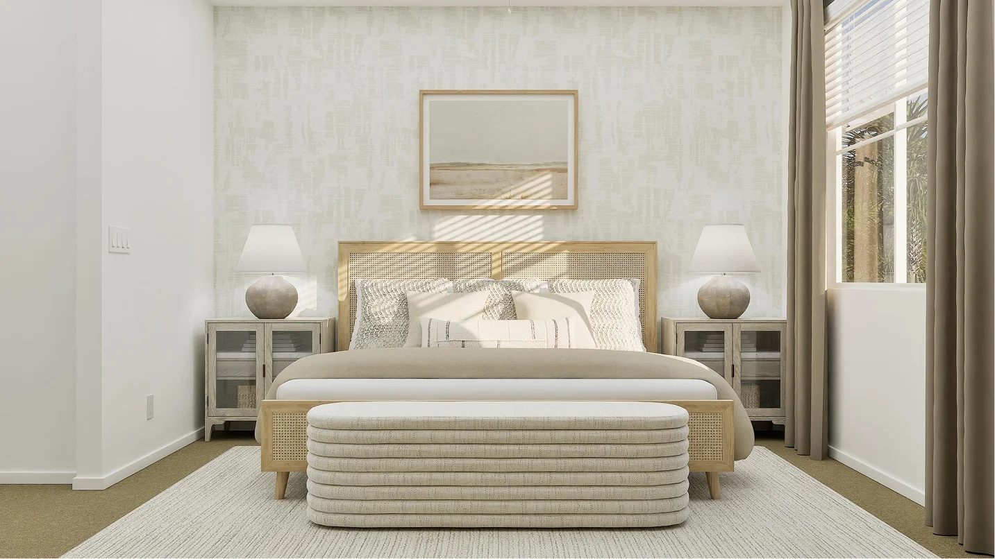 Ciena Plan 1 owner's suite bedroom rendering at Côta Vera in Chula Vista