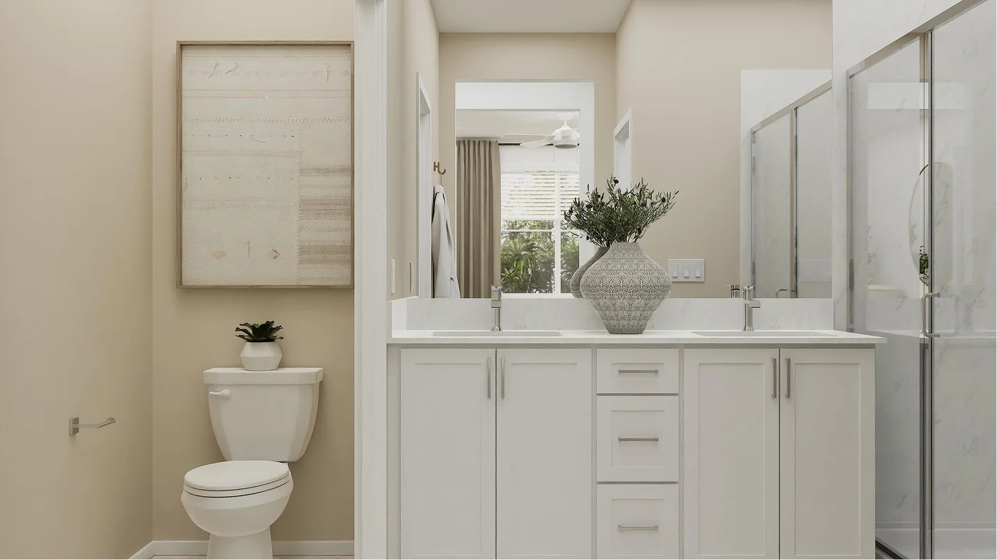 Ciena Plan 1 owner's bath rendering at Côta Vera townhomes in Chula Vista