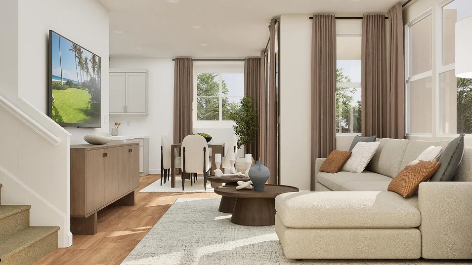 Ciena Plan 2 great room rendering at Côta Vera townhomes in Chula Vista